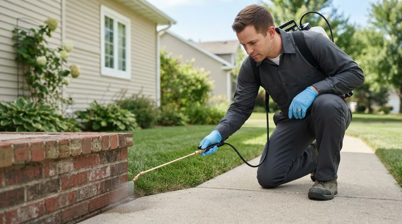 Pest control technician treating a home near Stuart, OK