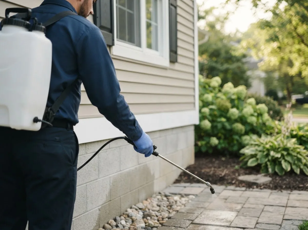 Pest control technician inspecting a home in Stuart, OK